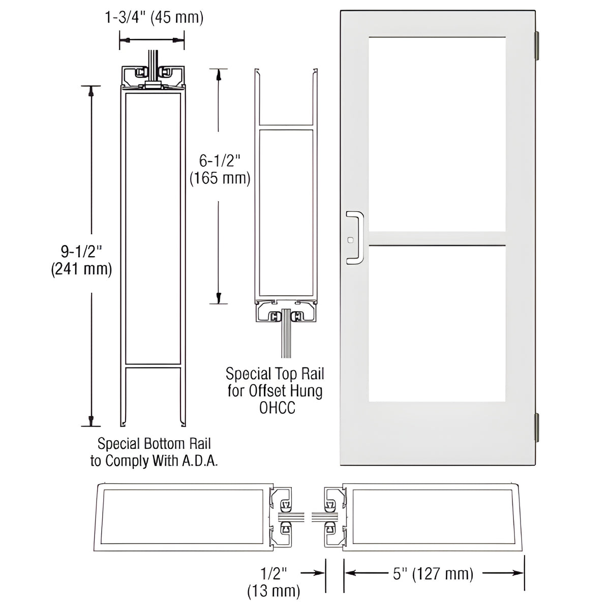 CRL-U.S. Aluminum White KYNAR® Paint Custom Size Single Series 550 Wide Stile Butt Hinge Entrance Door With Panic for Overhead Concealed Door Closer
