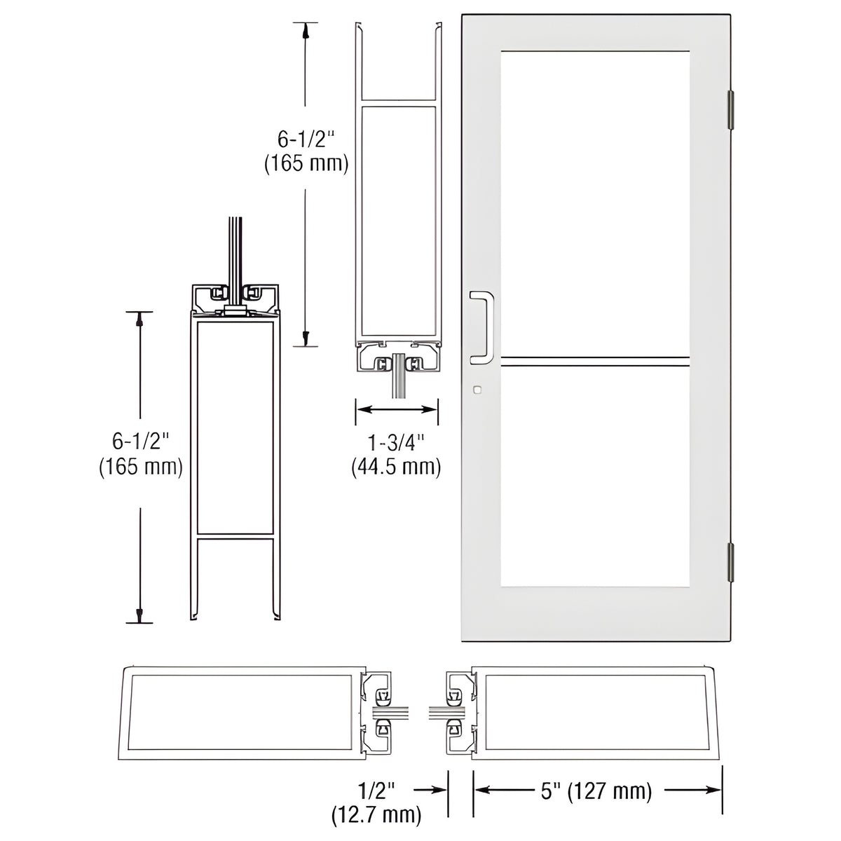 CRL-U.S. Aluminum White KYNAR® Paint Custom Size Single Series 550 Wide Stile Butt Hinge Entrance Door for Overhead Concealed Door Closer