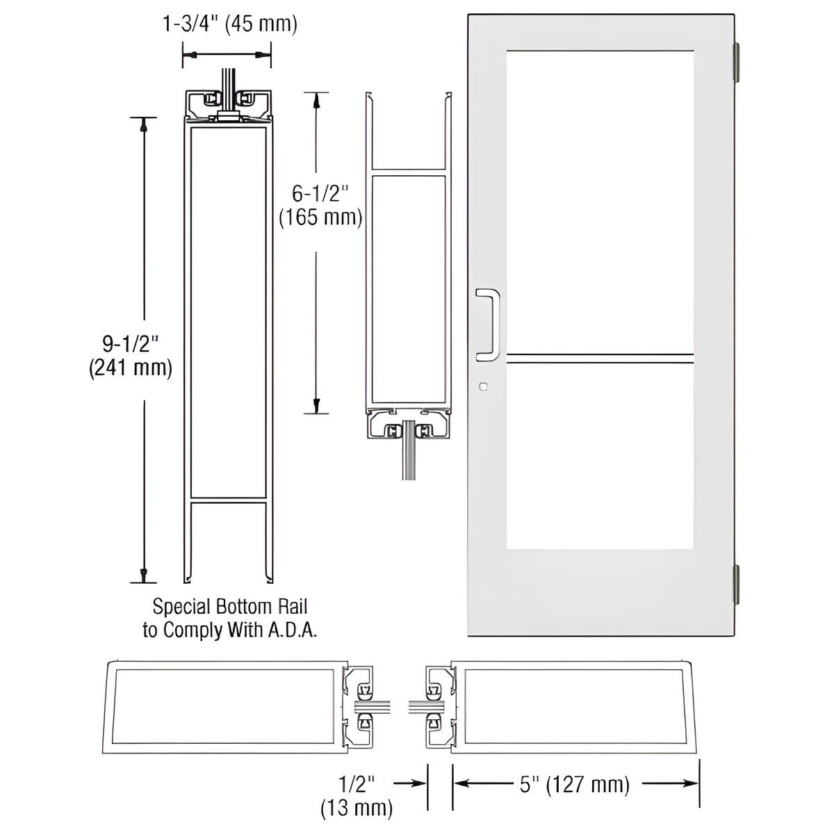 CRL-U.S. Aluminum White KYNAR® Paint Custom Size Single Series 550 Wide Stile Butt Hinge Entrance Door for Overhead Concealed Door Closer
