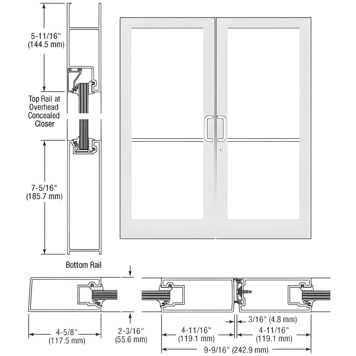 CRL-U.S. Aluminum White KYNAR® Paint IG500 Series Custom Pair StormFront™ Geared Hinged Entrance for Concealed Overhead Closer