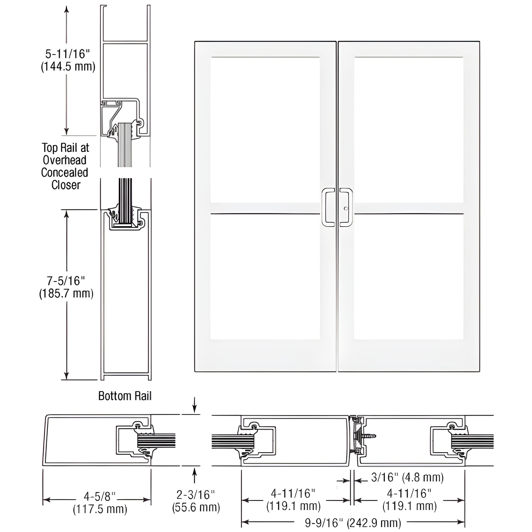 CRL-U.S. Aluminum White KYNAR® Paint IG500 Series Custom Pair StormFront™ Gear Hinged Entrance for Panic and Overhead Concealed Closer