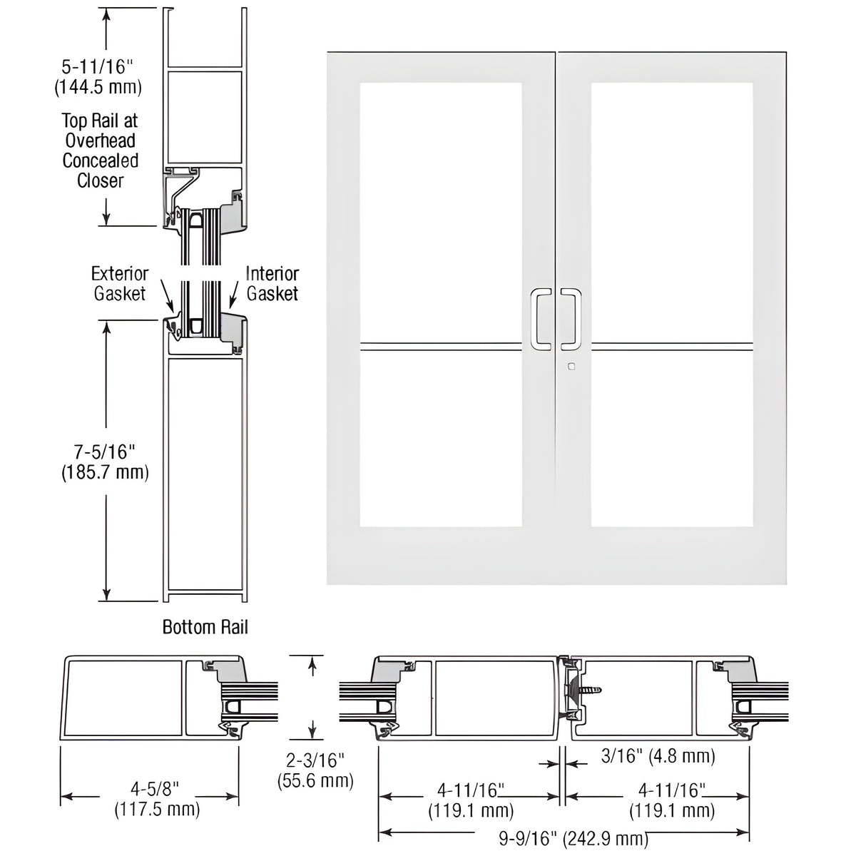 CRL-U.S. Aluminum White KYNAR® Paint IG600 Series Custom Pair StormFront™ Butt Hinged Entrance for Concealed Overhead Closer