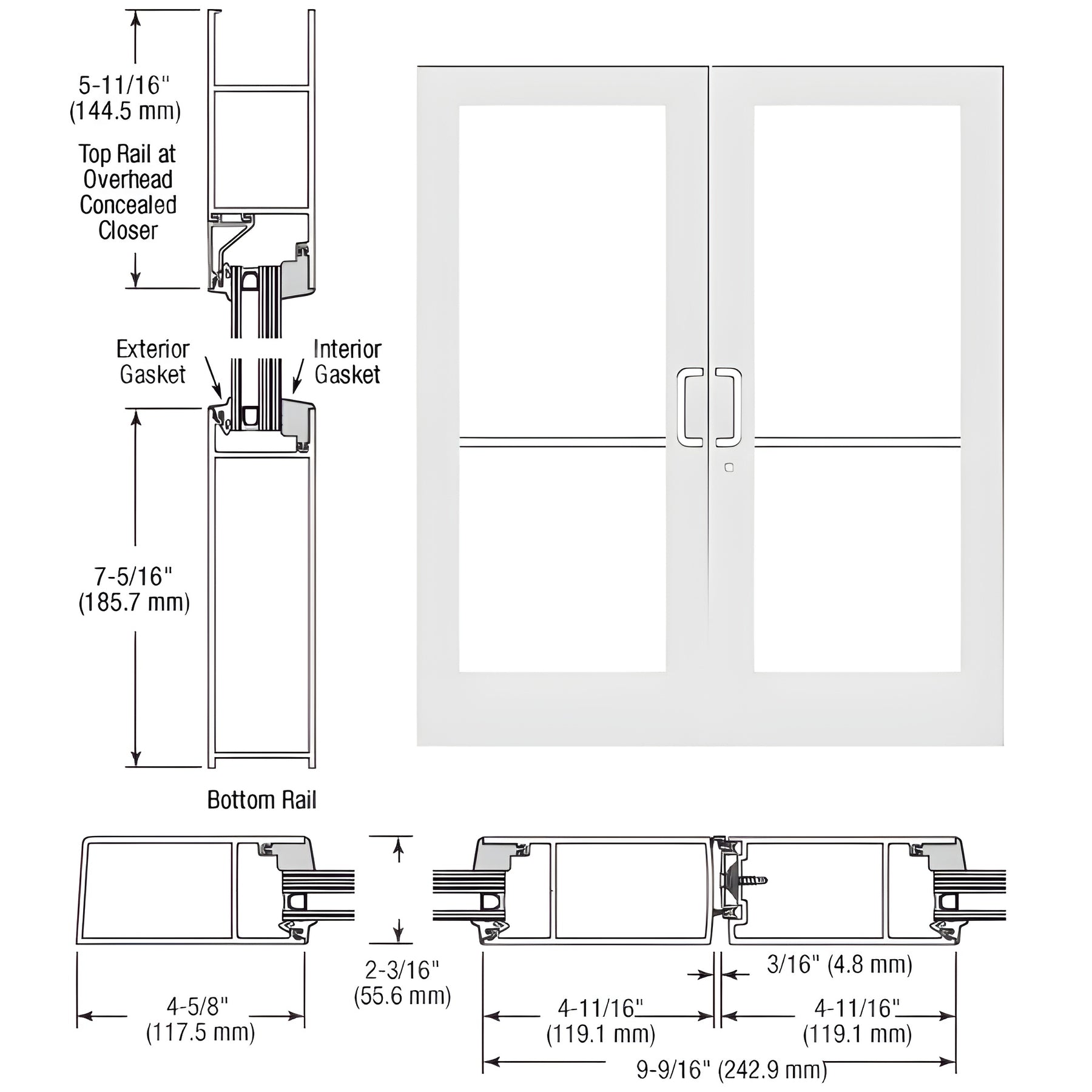 CRL-U.S. Aluminum White KYNAR® Paint IG600 Series Custom Pair StormFront™ Butt Hinged Entrance for Concealed Overhead Closer