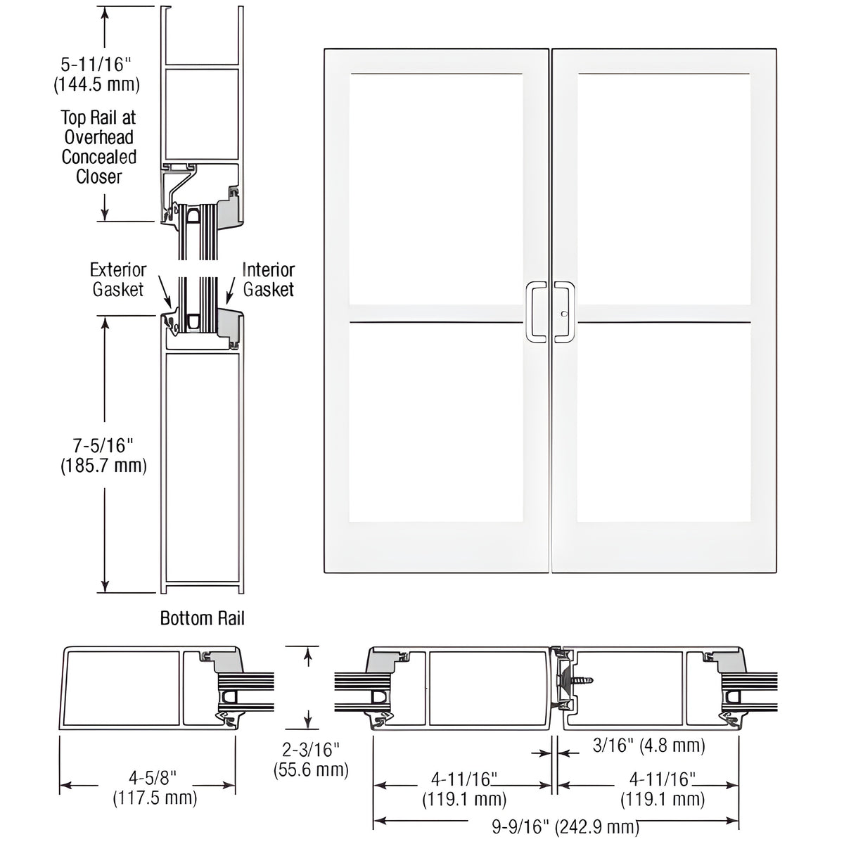 CRL-U.S. Aluminum White KYNAR® Paint IG600 Series Custom Pair StormFront™ Butt Hinged Entrance for Panic and Overhead Concealed Closer