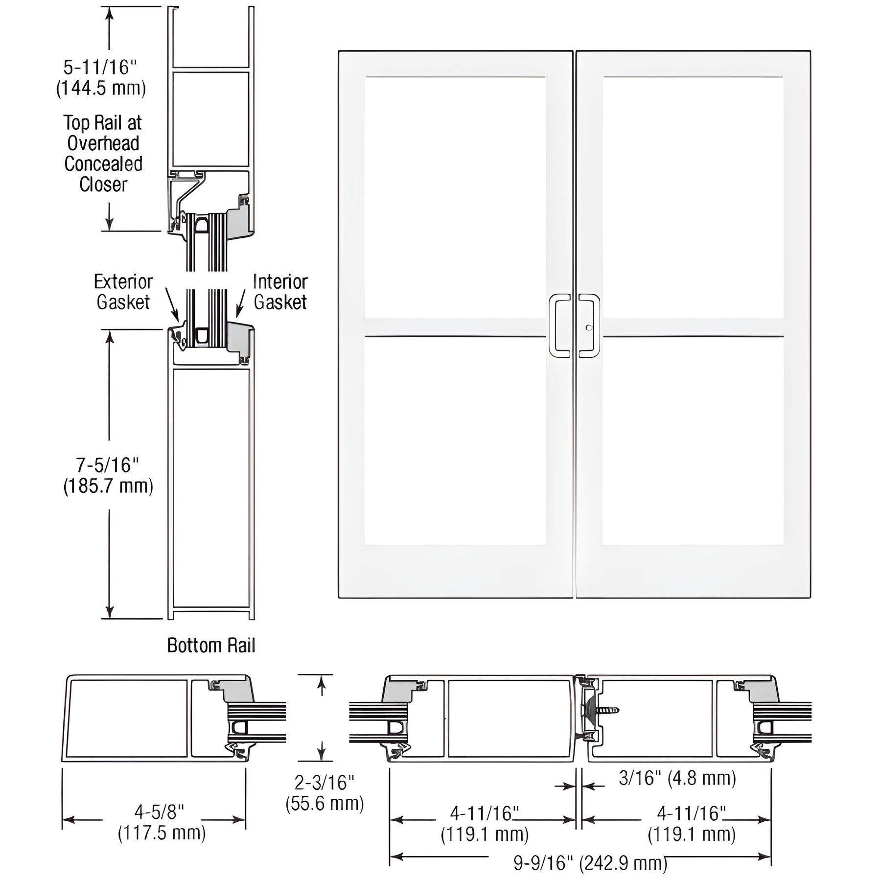 CRL-U.S. Aluminum White KYNAR® Paint IG600 Series Custom Pair StormFront™ Butt Hinged Entrance for Panic and Overhead Concealed Closer