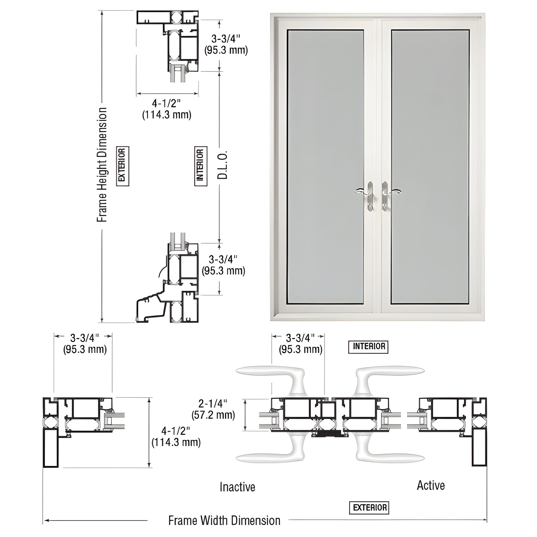 CRL-U.S. Aluminum White KYNAR® Paint Series 900 Terrace Doors With Up/Over Frame, 3-3/4" Bottom Rail, and Standard Threshold - Pair Swing In