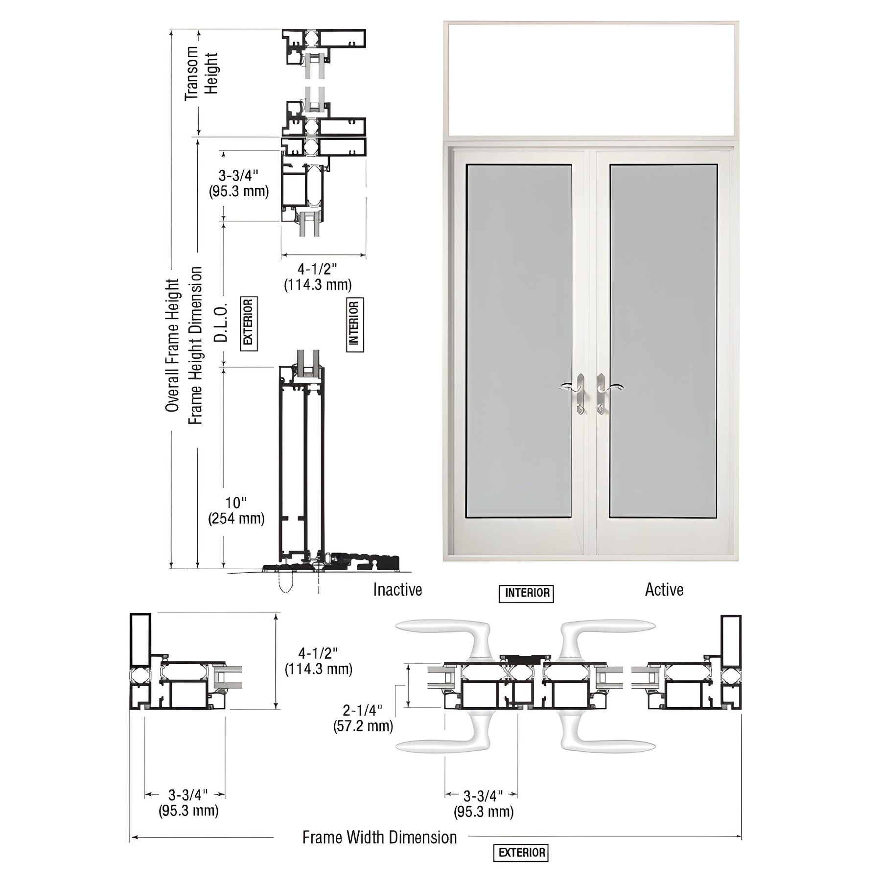 CRL-U.S. Aluminum White KYNAR® Paint Series 925 Transom Patio Door Pair Swing Out