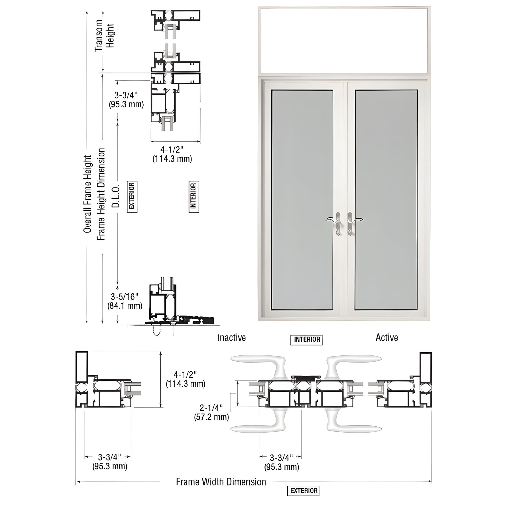 CRL-U.S. Aluminum White KYNAR® Paint Series 925 Transom Patio Door Pair Swing Out