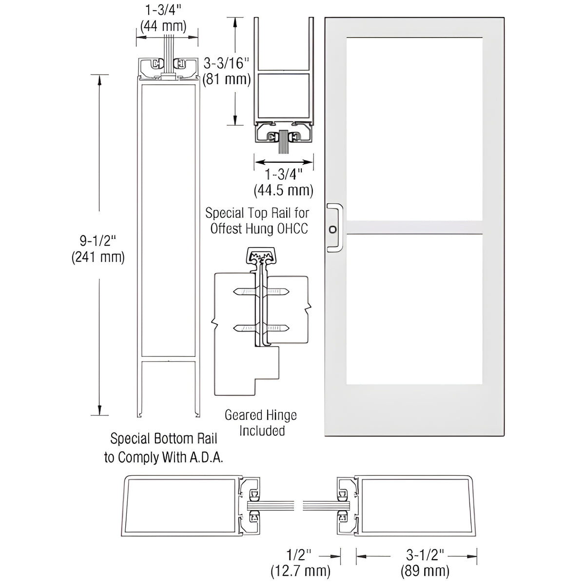 CRL-U.S. Aluminum White KYNAR® Paint Single 36" x 84" Series 400 Medium Stile Left Side Latch Geared Hinge Entrance Door With Panic for 105 Degree Overhead Concealed Door Closer