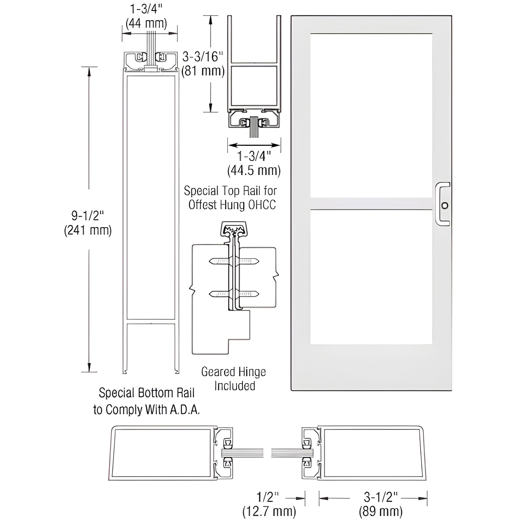 CRL-U.S. Aluminum White KYNAR® Paint Single 36" x 84" Series 400 Medium Stile Right Side Latch Geared Hinge Entrance Door With Panic for 105 Degree Overhead Concealed Door Closer