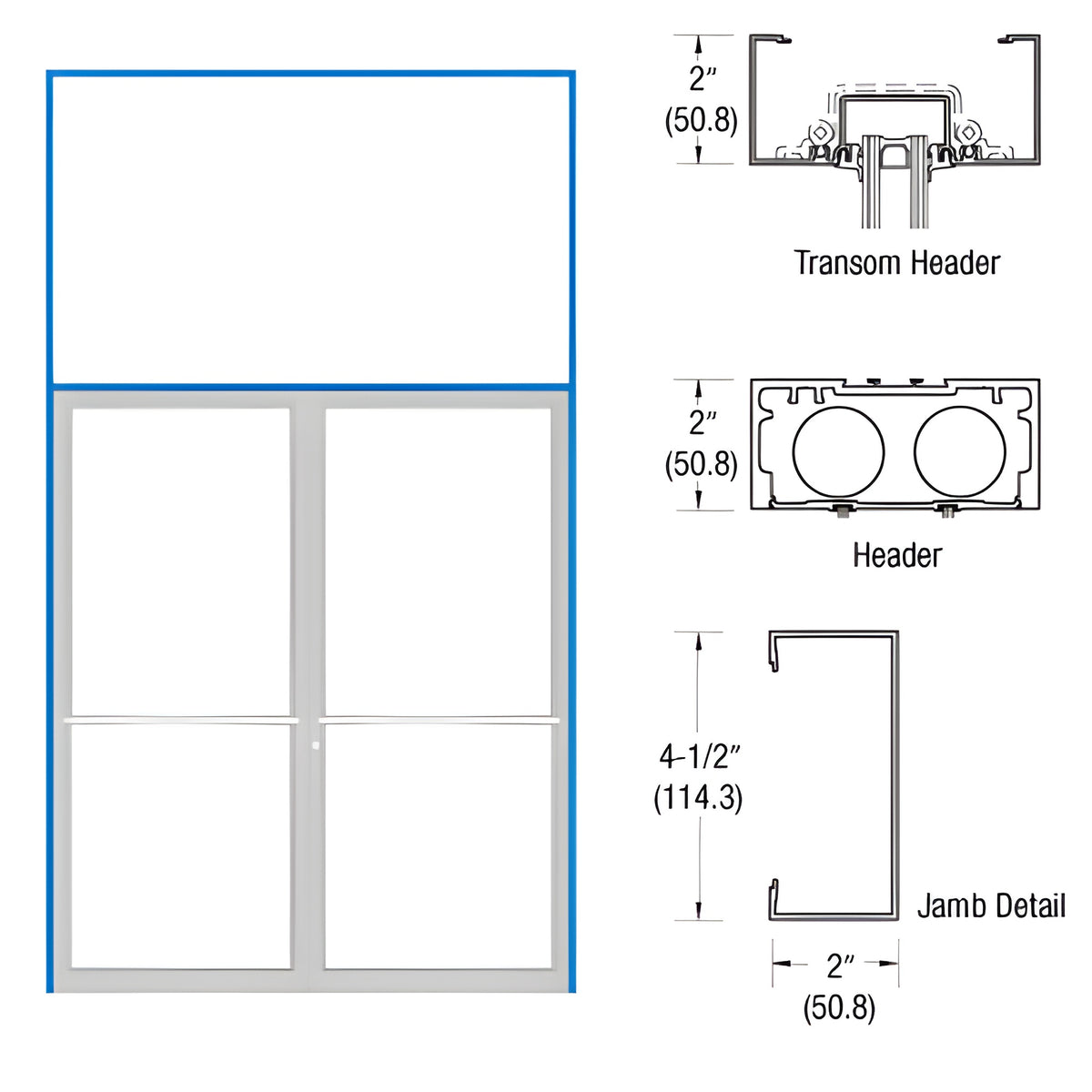 CRL-U.S. Aluminum White KYNAR® Paint Transom Frame Prepped Center Hung Overhead Concealed Closers
