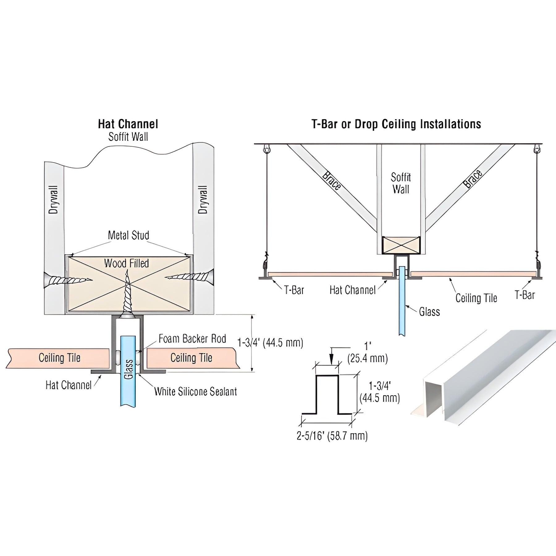 CRL White 240" Length Hat Channel for Fixed Glazing
