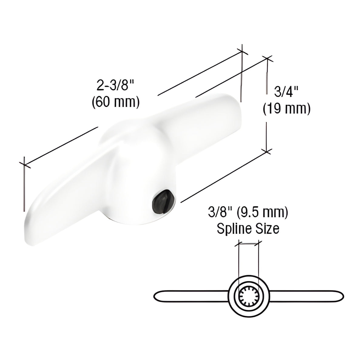 CRL White T-Crank Casement Operator Handles with 3/8" Spline - 2-3/8" Length
