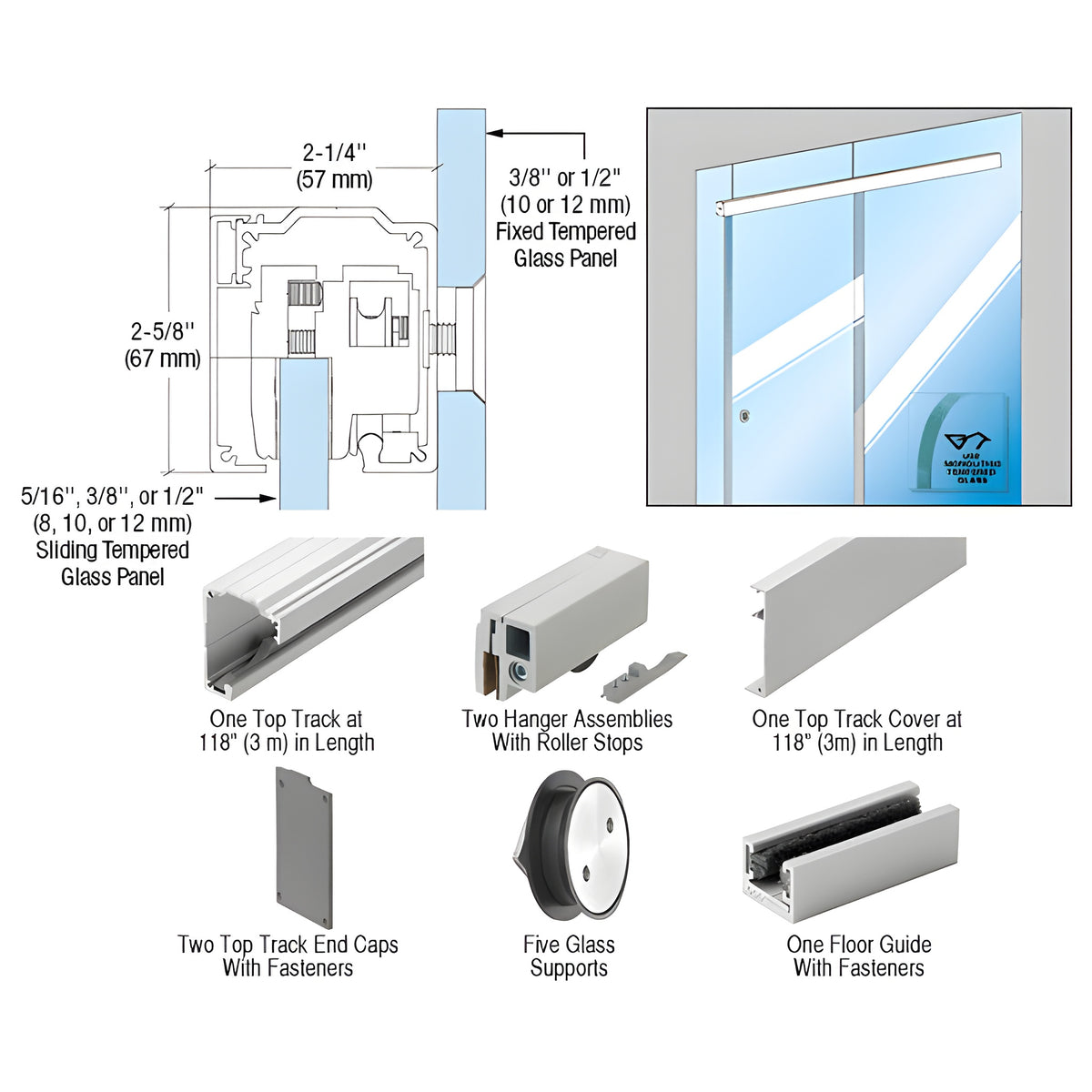 CRL280 Satin Anodized Series Single Sliding Door Glass Fixed Panel Mount Installation Kit for 5/16 in. (8mm), 3/8 in. (10 mm), 1/2 in. (12mm) Tempered Glass