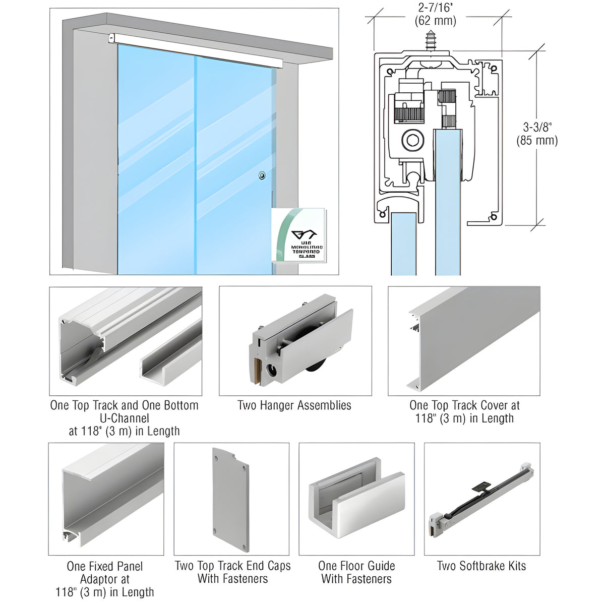CRL285 Series Satin Anodized Single Slider with Fixed Panel Kit for Tempered Glass