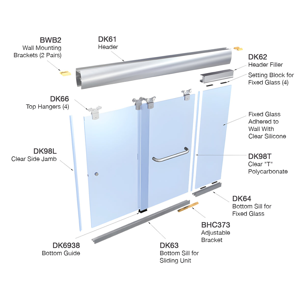 CRL Brite Anodized 60" x 60" Cottage CK Series Sliding Shower Door Kit with Clear Jambs for 3/8" Glass