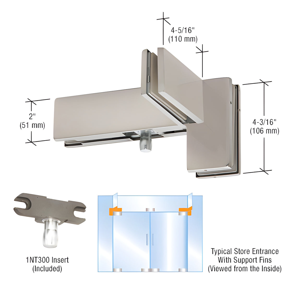DORMAKABA® Brushed Stainless Left Hand Sidelite Mounted Transom Patch Fitting with Support Fin Bracket
