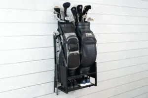 Grey PVC Slatwall Sports Storage Kit – 16 Pieces | Comtrad - PVC slatwall sports storage kit for compatible wall storage systems