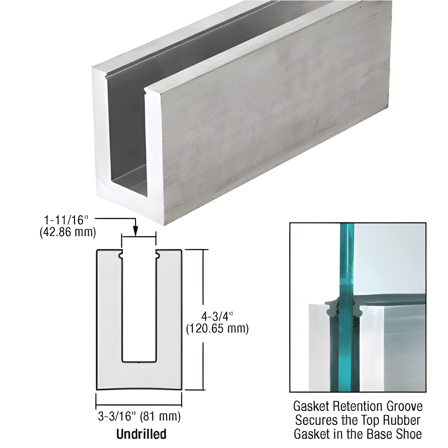 CRL Mill Aluminum L21S Series 118-1/8" Long Standard Square Base Shoe Undrilled for 13/16" Glass