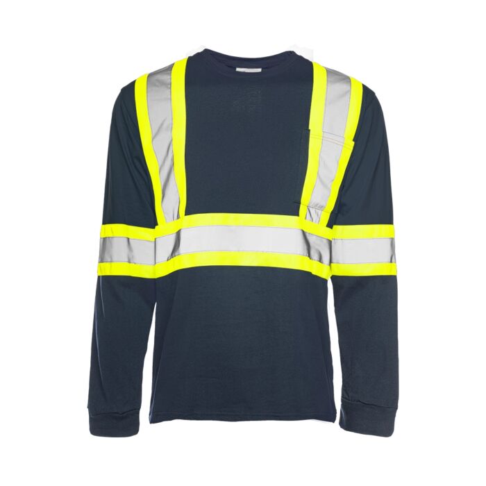 Long Sleeved Traffic T-Shirt, Cotton, Navy Blue, 4" Reflective Tape, Medium- 1 Each