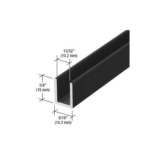 Photographic image of a 95-inch long matte black aluminum deep U-channel designed for 3/8-inch (10 mm) thick fixed glass shower panels, featuring a sleek rectangular profile with a 3/4-inch (19 mm) high glazing pocket and a durable powder-coat finish.