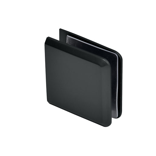 Matte black wall mount glass clamp with beveled edges for frameless shower panels, shown installed on clear glass.