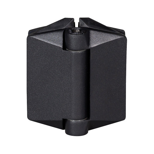 Matte black CRL Polaris 125 Series soft close glass-to-glass gate hinge mounted on frameless glass door