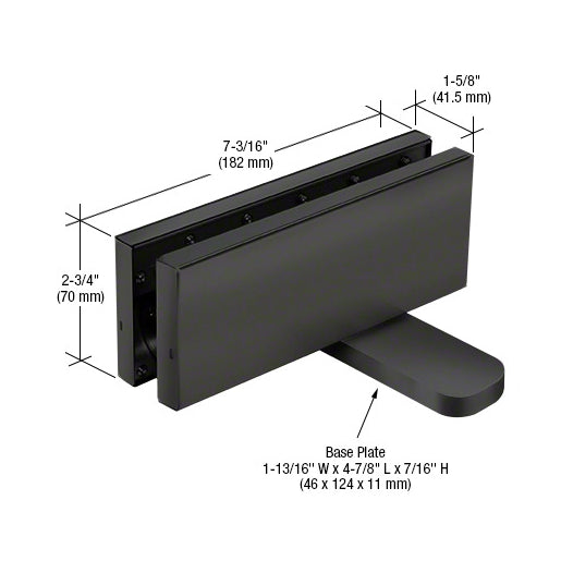 CRL380HMBL Matte Black Hydraulic Patch Fitting – Front Profile Showing 90° Hold‑Open and 2‑9/16″ Pivot Setback