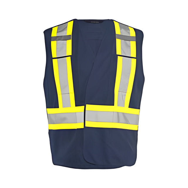 5 Pt. Tearaway Solid Traffic Vest, 4" Reflective Tape, 4 Pockets, Navy Blue, Small/ Medium