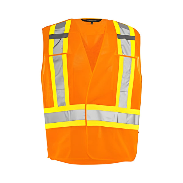 5 Pt. Tearaway Mesh Traffic Vest, 4" Reflective Tape, 4 Pockets, Orange, Small / Medium