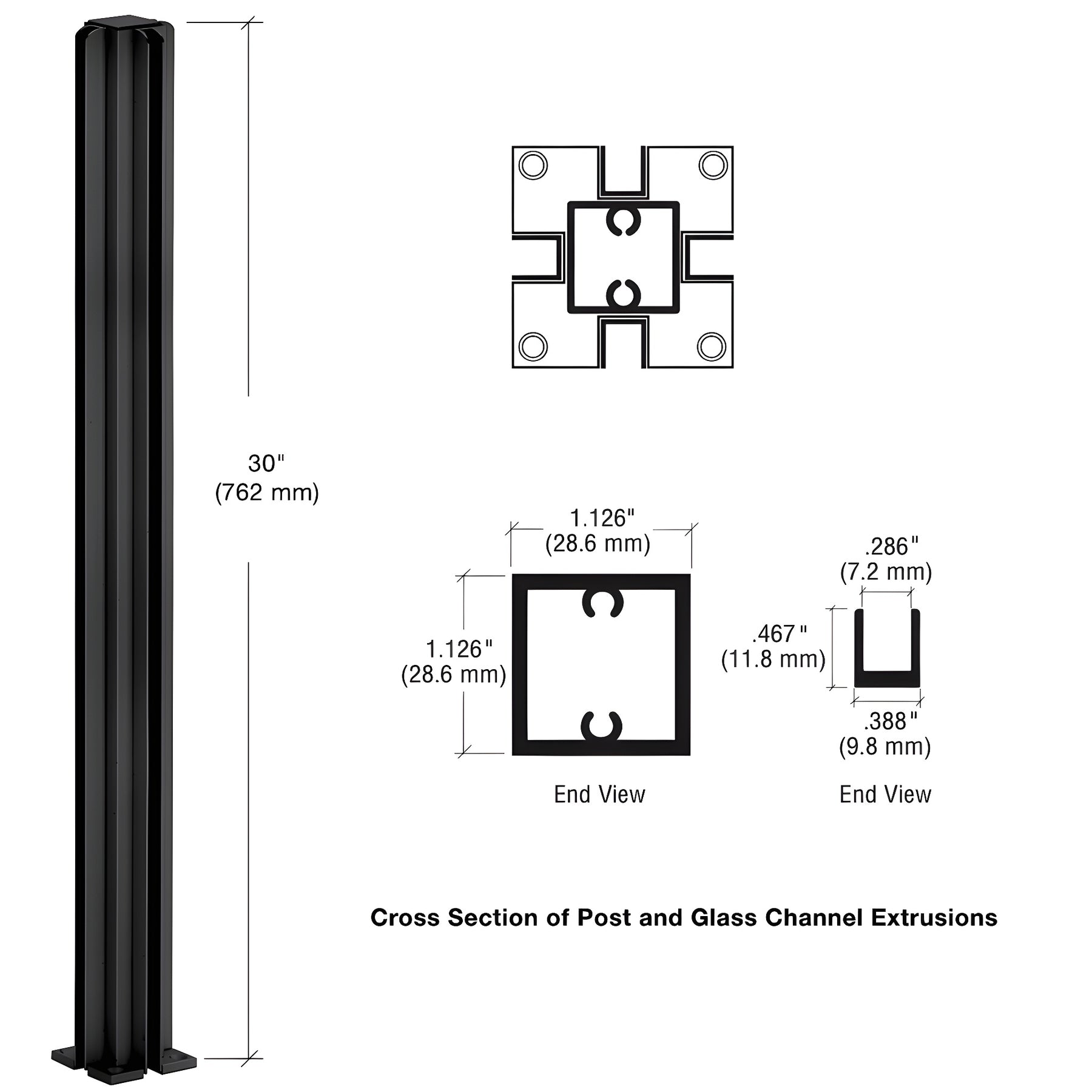 CRL Semi-Gloss Black 30" 4-Way Design Series Partition Post