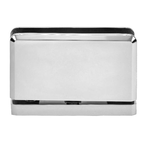 ALT Description: Polished chrome hinge for top or bottom glass mounting; fits 3/8"–1/2" glass; sleek, durable, and ideal for shower doors.