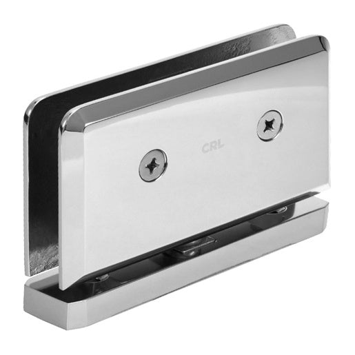 ALT Description: Polished chrome hinge for top or bottom glass mounting; fits 3/8"–1/2" glass; sleek, durable, and ideal for shower doors.