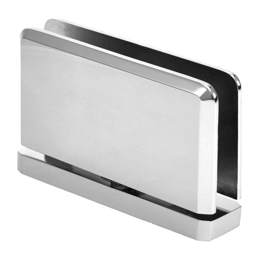 ALT Description: Polished chrome hinge for top or bottom glass mounting; fits 3/8"–1/2" glass; sleek, durable, and ideal for shower doors.