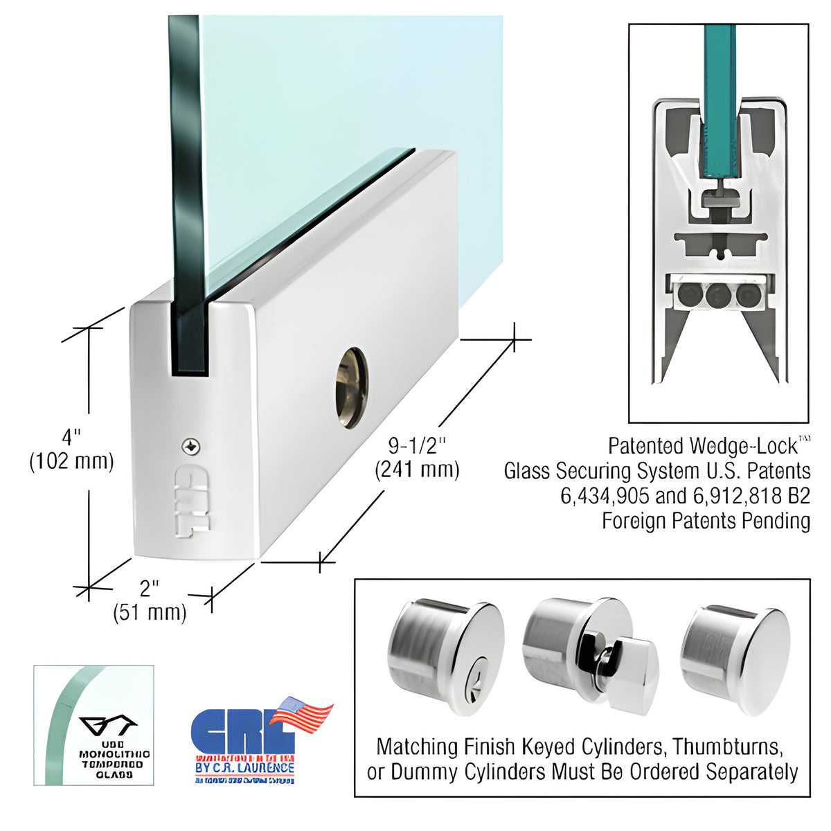 Polished Stainless 4" Square DRS Door Rail With Lock for 1/2" Glass - 9-1/2" Length