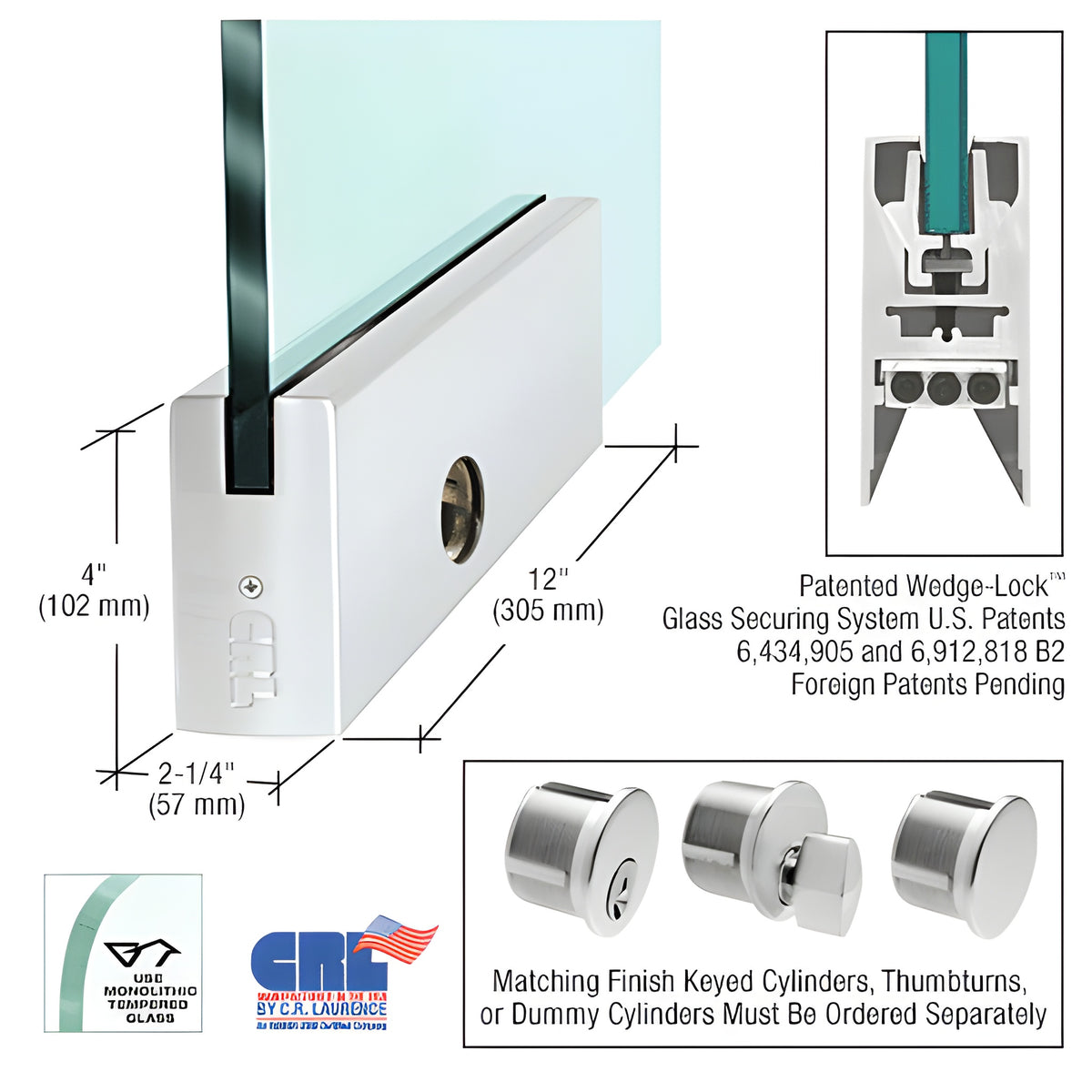 Satin Anodized 4" Square DRS Door Rail With Lock for 3/4" Glass - 12" Length