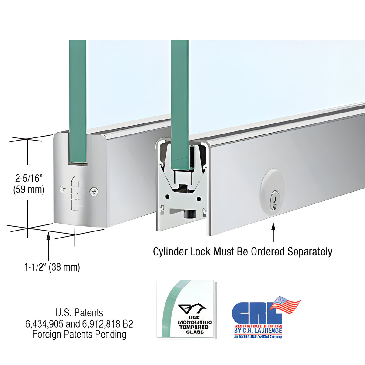 Satin Anodized Low Profile Square DRS Door Patch Rail With Lock for 1/2" Glass - 8" Length