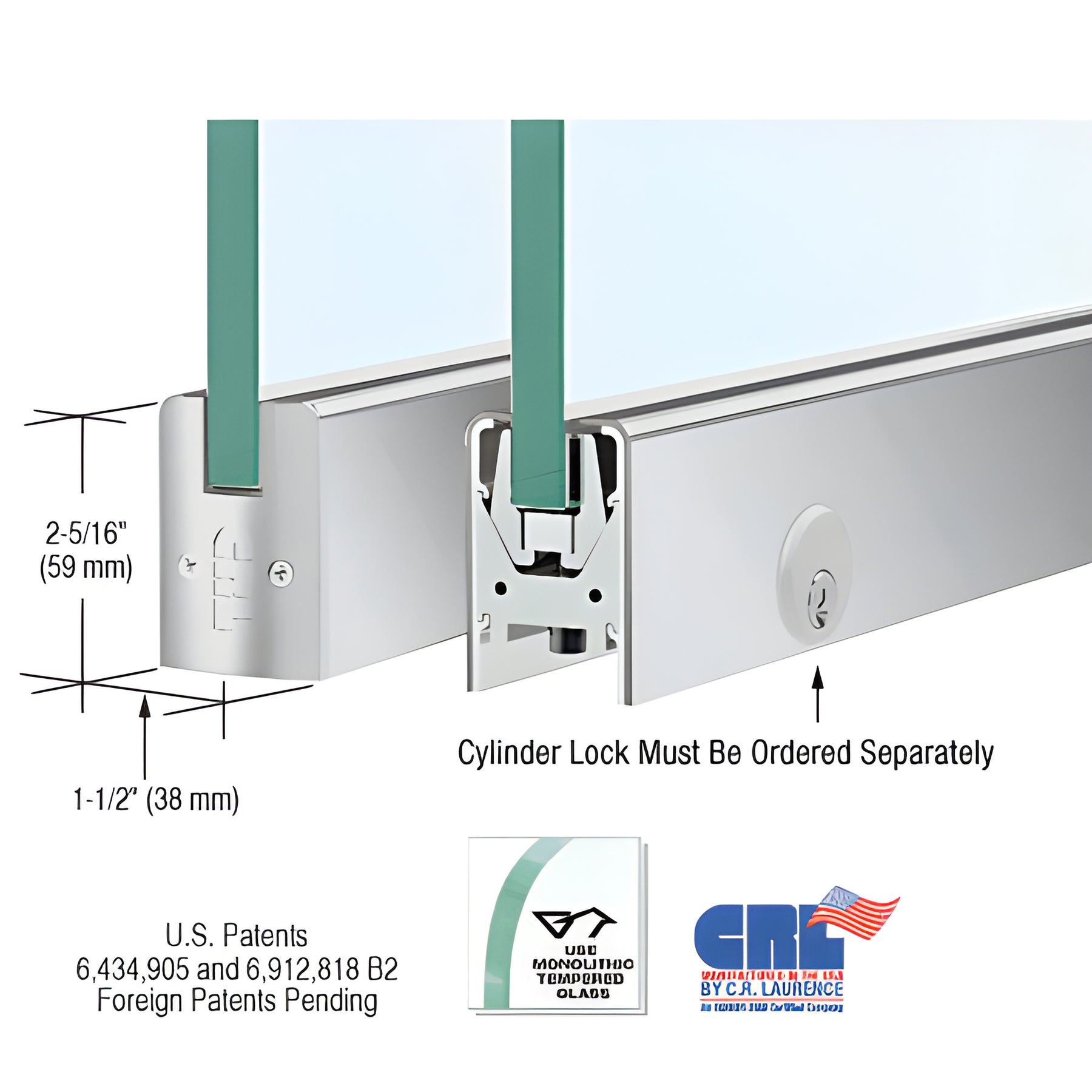 Satin Anodized Low Profile Square DRS Door Patch Rail With Lock for 3/8" Glass - 8" Length