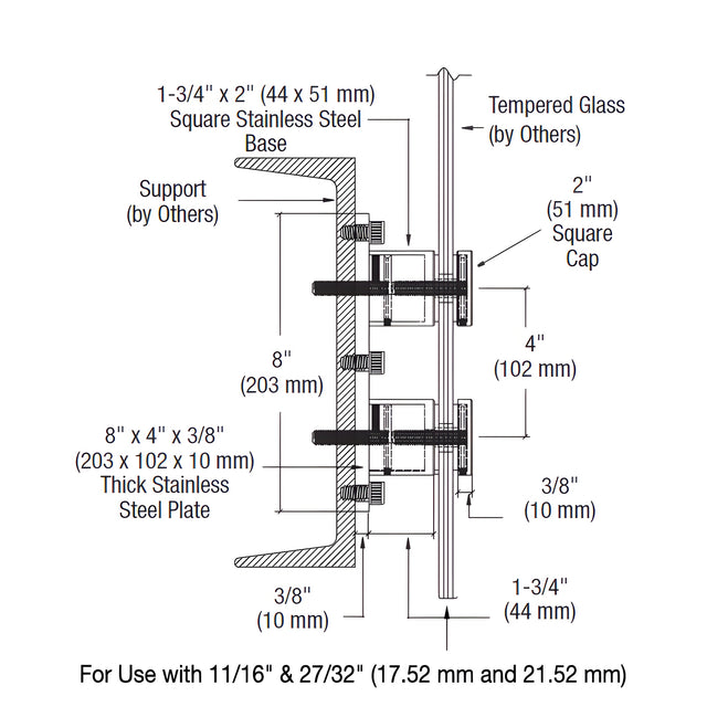 CRL 316 Polished Stainless Steel Standard 2" Square Glass Rail Standoff Fitting with Mounting Plate