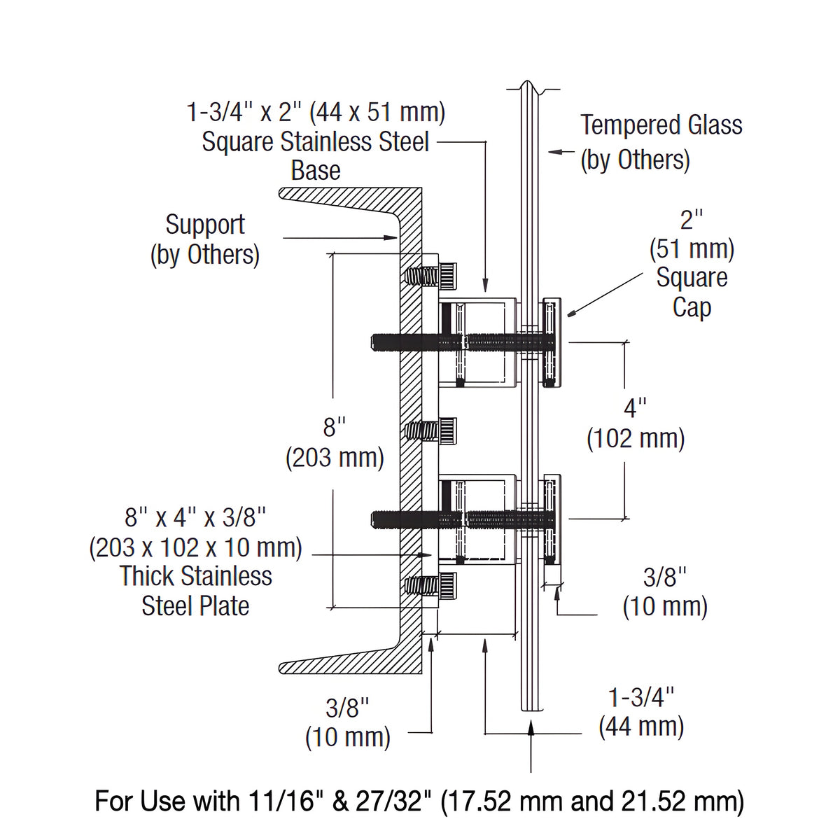 CRL 316 Polished Stainless Steel Standard 2" Square Glass Rail Standoff Fitting with Mounting Plate