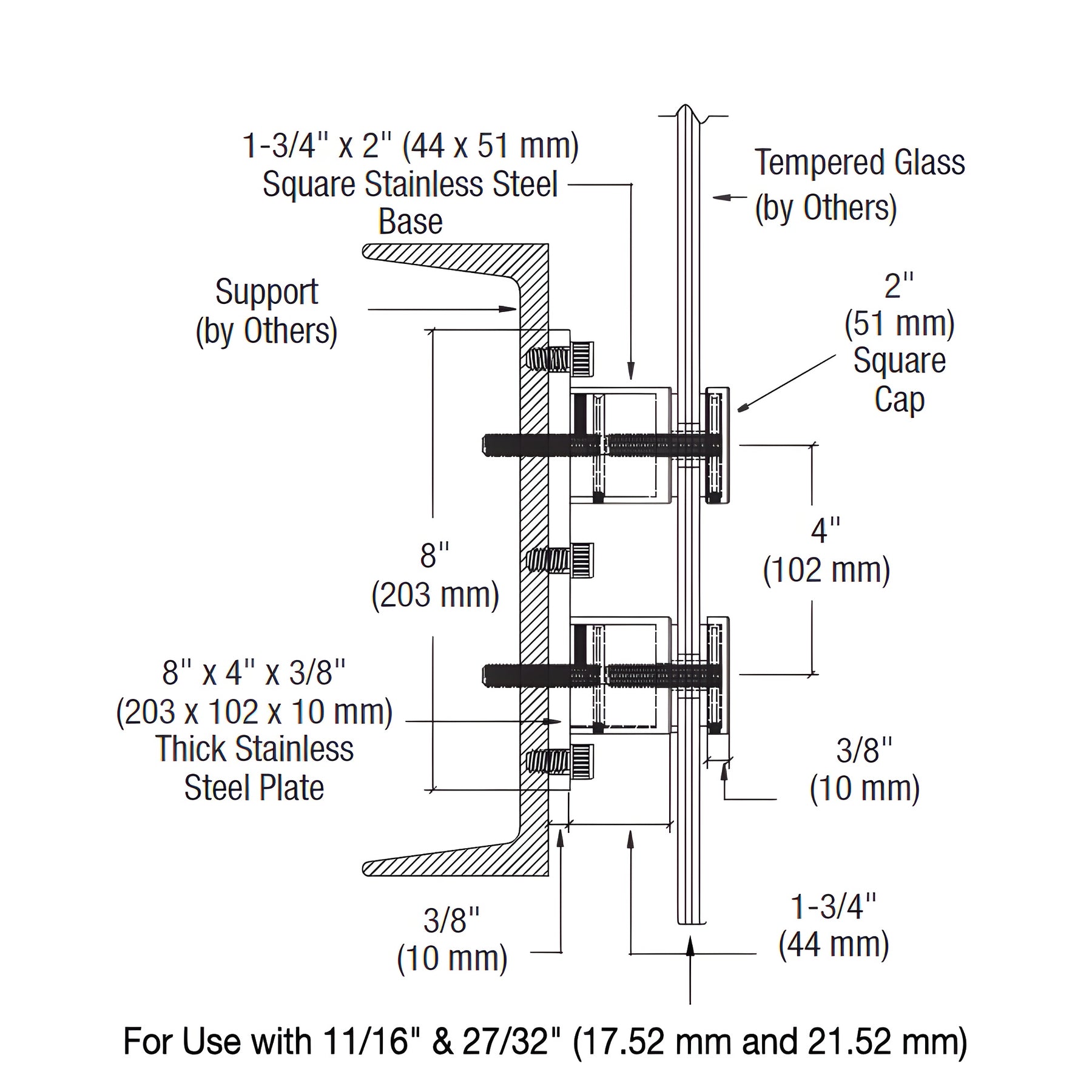 CRL 316 Polished Stainless Steel Standard 2" Square Glass Rail Standoff Fitting with Mounting Plate