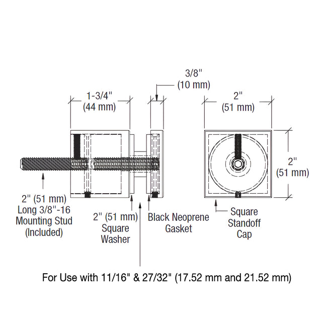 CRL 316 Brushed Stainless Glass Rail Custom Square Standoff Base and Cap - 1-3/4" Projection