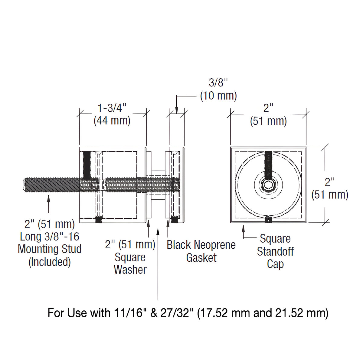 CRL 316 Brushed Stainless Glass Rail Custom Square Standoff Base and Cap - 1-3/4" Projection