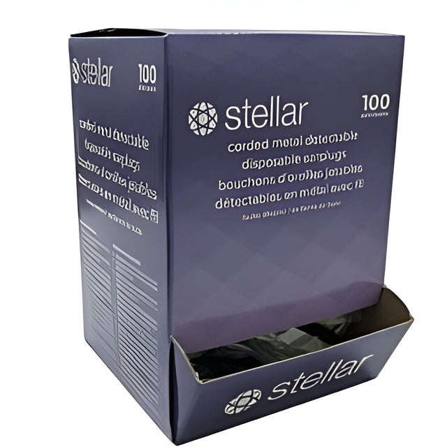 Stellar Foam Ear Plugs, Metal Detectable, Corded, Blue – 100 Pairs/Box