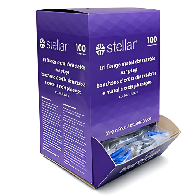 Stellar Tri Falange Ear Plugs, Metal Detectable, Blue, Corded – 100 Pairs/Box