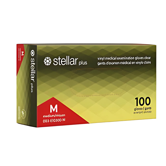 Stellar Plus Clear Vinyl Gloves, PF, Clear, Medium – 100/Box