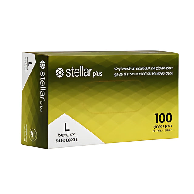Stellar Plus Clear Vinyl Gloves, PF, Clear, Large – 100/Box