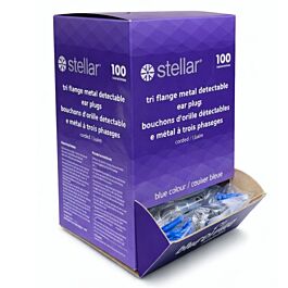Stellar Tri Falange Ear Plugs, Metal Detectable, Blue, Corded- 100 Pairs / Box