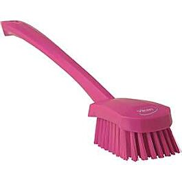 Vikan Long Handle Brush, Stiff Bristles, 15-1/2" Long, Pink - 1 Ea