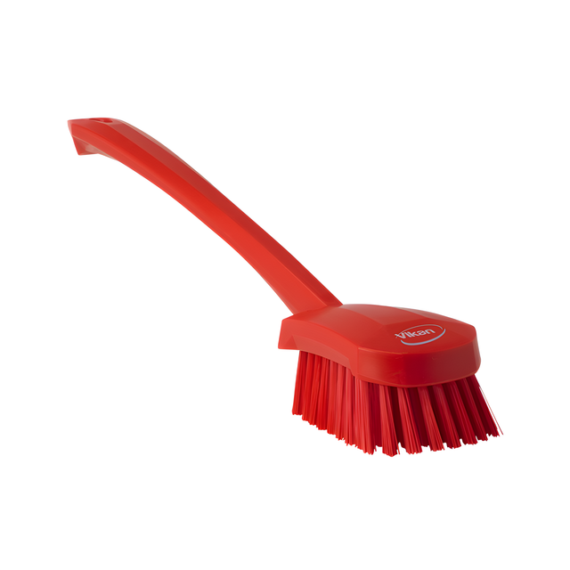 Vikan Long Handle Brush, Stiff Bristles, 15-1/2" Long, Red – 1 Ea